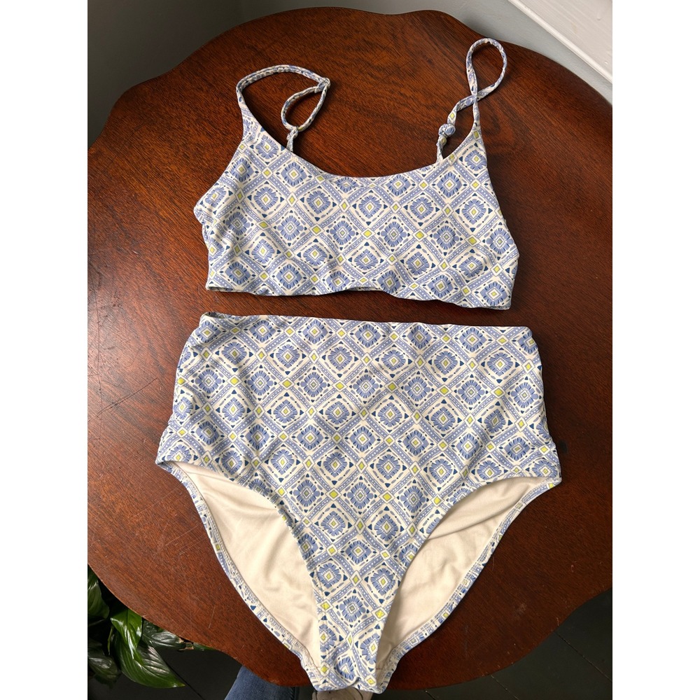 Old Navy Blue Geometric Tile High Waisted Bikini Set Small